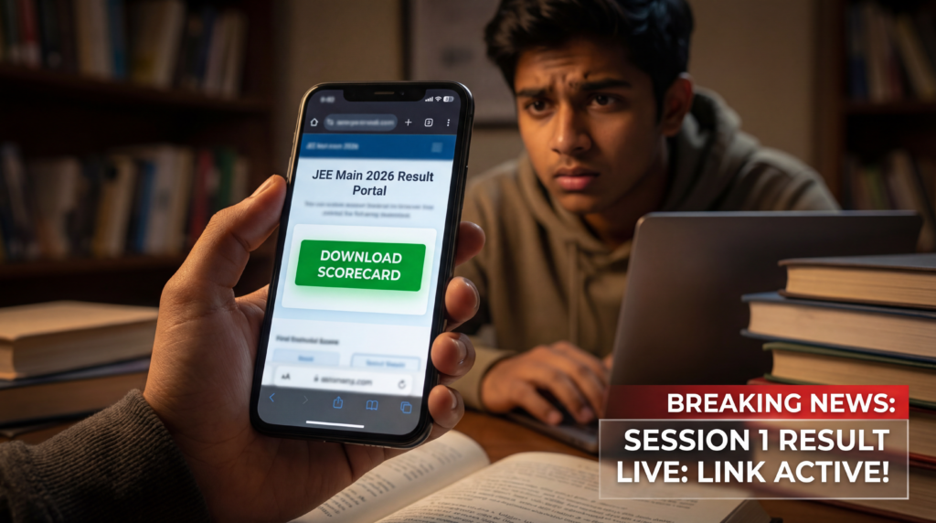 एक स्टूडेंट स्मार्टफोन स्क्रीन पर JEE Main 2026 Session 1 रिजल्ट लिंक चेक कर रहा है।