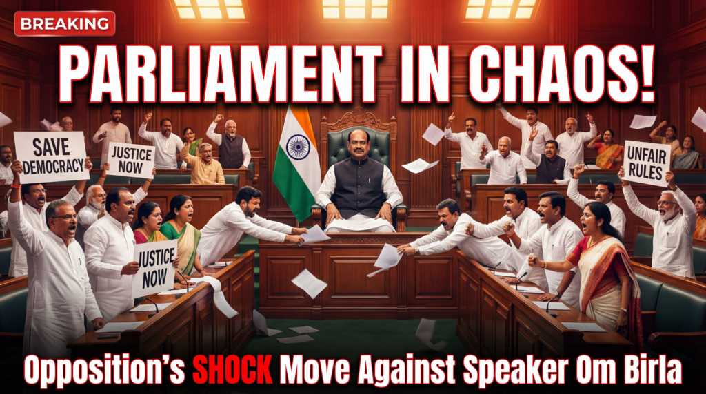 ऊपर का टेक्स्ट: संसद में अफरा-तफरी! नीचे का टेक्स्ट: स्पीकर ओम बिरला के खिलाफ विपक्ष का चौंकाने वाला कदम