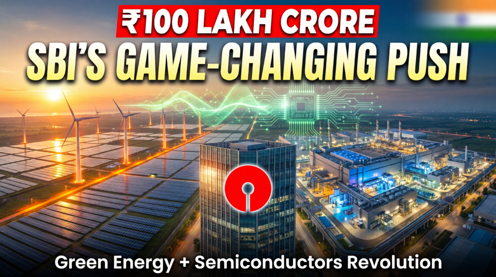 ऊपर का तीसरा हिस्सा (बड़ा, विस्फोटक):
₹100 लाख करोड़
बीच का हिस्सा (सबसे बड़ा, मुख्य आकर्षण):
SBI का बड़ा सनराइज़ दांव
नीचे का तीसरा हिस्सा (छोटा, सहायक):
ग्रीन एनर्जी + सेमीकंडक्टर क्रांति का खुलासा!