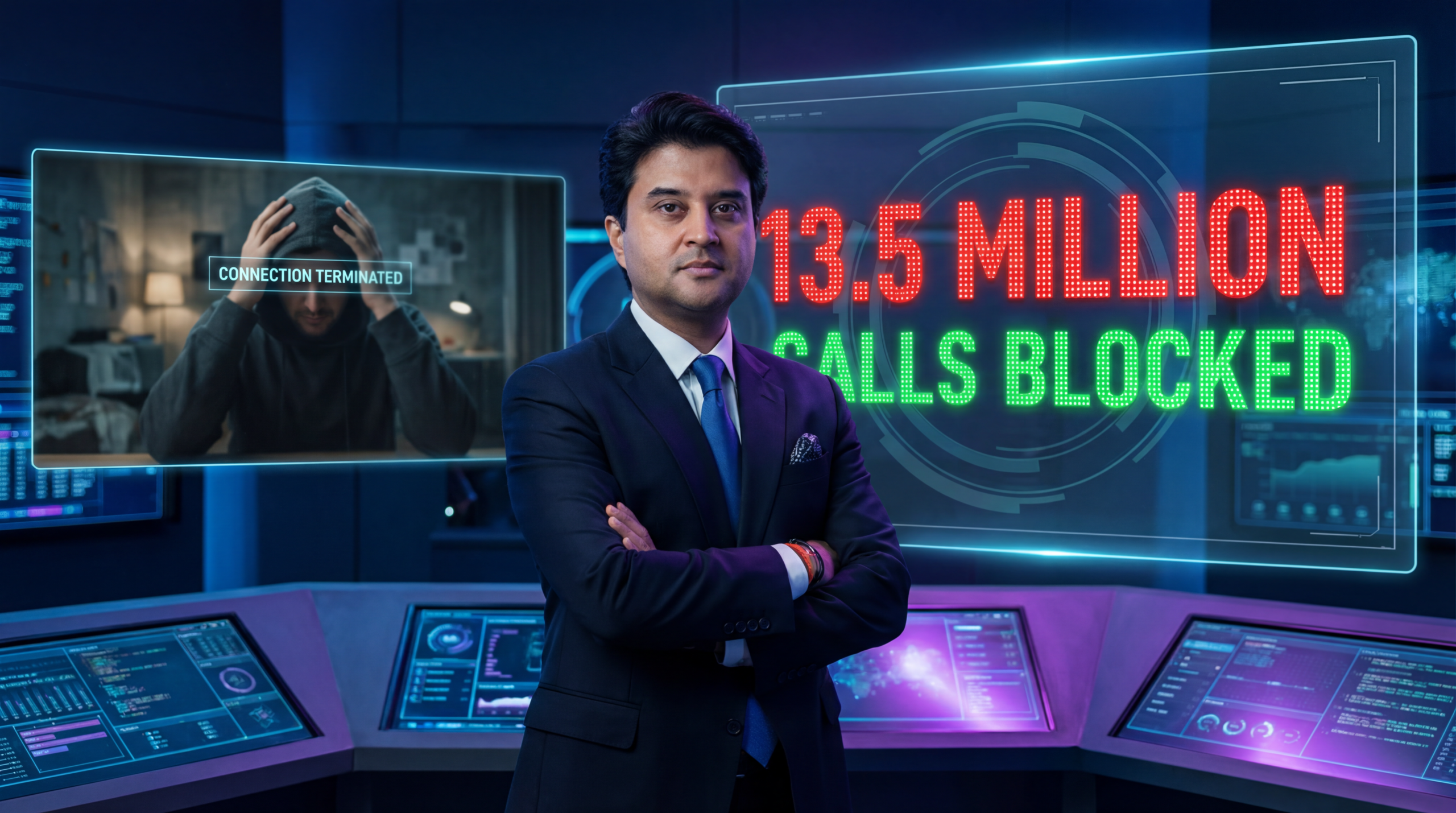 मंत्री सिंधिया एक डिजिटल सिक्योरिटी रूम में हैं, जहां स्क्रीन पर ASTR AI सिस्टम से 13.5 मिलियन फ्रॉड कॉल्स ब्लॉक होते दिख रहे हैं।