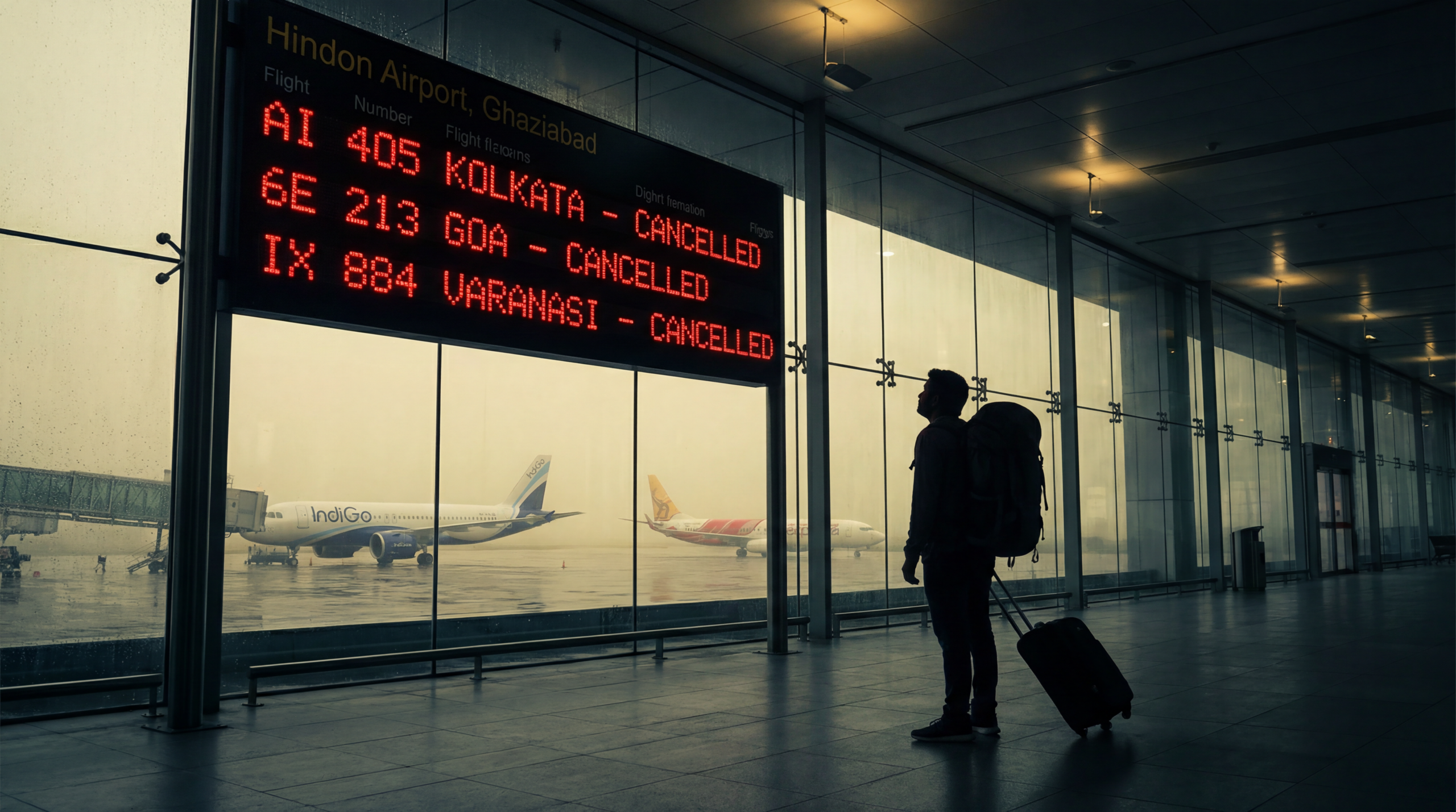 Hindon Airport Ghaziabad deserted terminal with flight cancellation board showing IndiGo and Air India Express status.