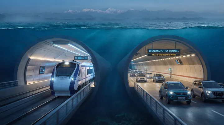 भारत की 21 लाख करोड़ की अंडरवाटर ट्विन-ट्यूब सुरंग परियोजना का डिजिटल रेंडर जिसमें ट्रेन और कारों को उप-नदी में चलते हुए दिखाया गया है।