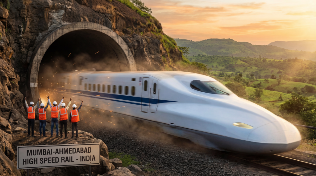 मुख्य शीर्षक (बड़ा, बोल्ड सफ़ेद टेक्स्ट, लाल आउटलाइन के साथ, ऊपरी आधा हिस्सा):
"बुलेट ट्रेन ने एक और असंभव सुरंग को तोड़ दिया!"
उप-शीर्षक (छोटा, बोल्ड पीला टेक्स्ट, निचला आधा हिस्सा):
"मुंबई-अहमदाबाद का सपना एक कदम और करीब!"
अतिरिक्त छोटा टेक्स्ट (निचला कोना):
"फरवरी 2026 में सफलता 🔥"