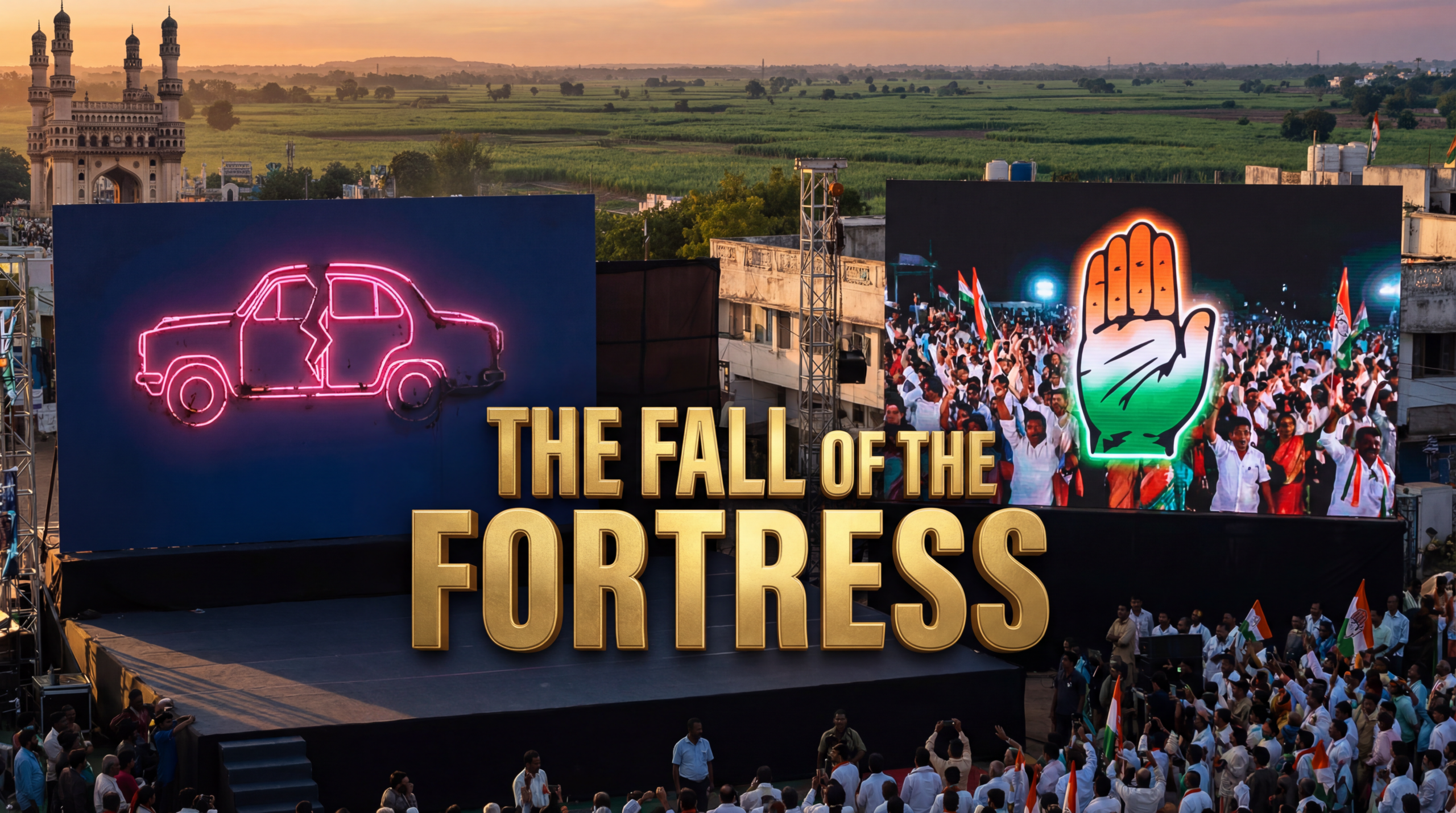 तेलंगाना में राजनीतिक बदलाव का एक इलस्ट्रेशन, जिसमें राज्य के नज़ारे की सिंबॉलिक इमेज के साथ BRS (पिंक पार्टी) पर कांग्रेस पार्टी की जीत दिखाई गई है।