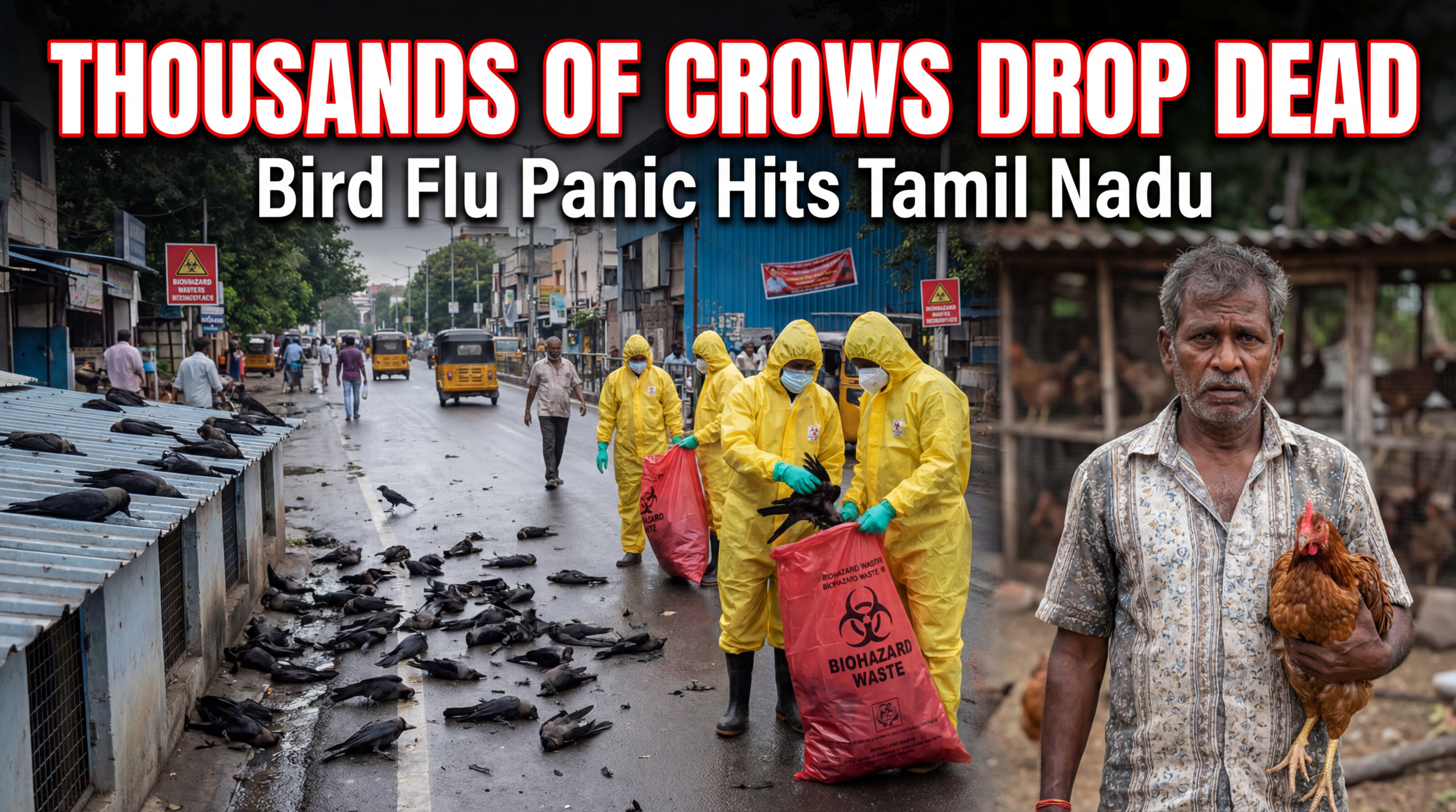 मुख्य शीर्षक (बड़ा, बोल्ड): हजारों कौवे मरे उपशीर्षक (छोटा, ज़रूरी): बर्ड फ्लू का डर तमिलनाडु में फैला
