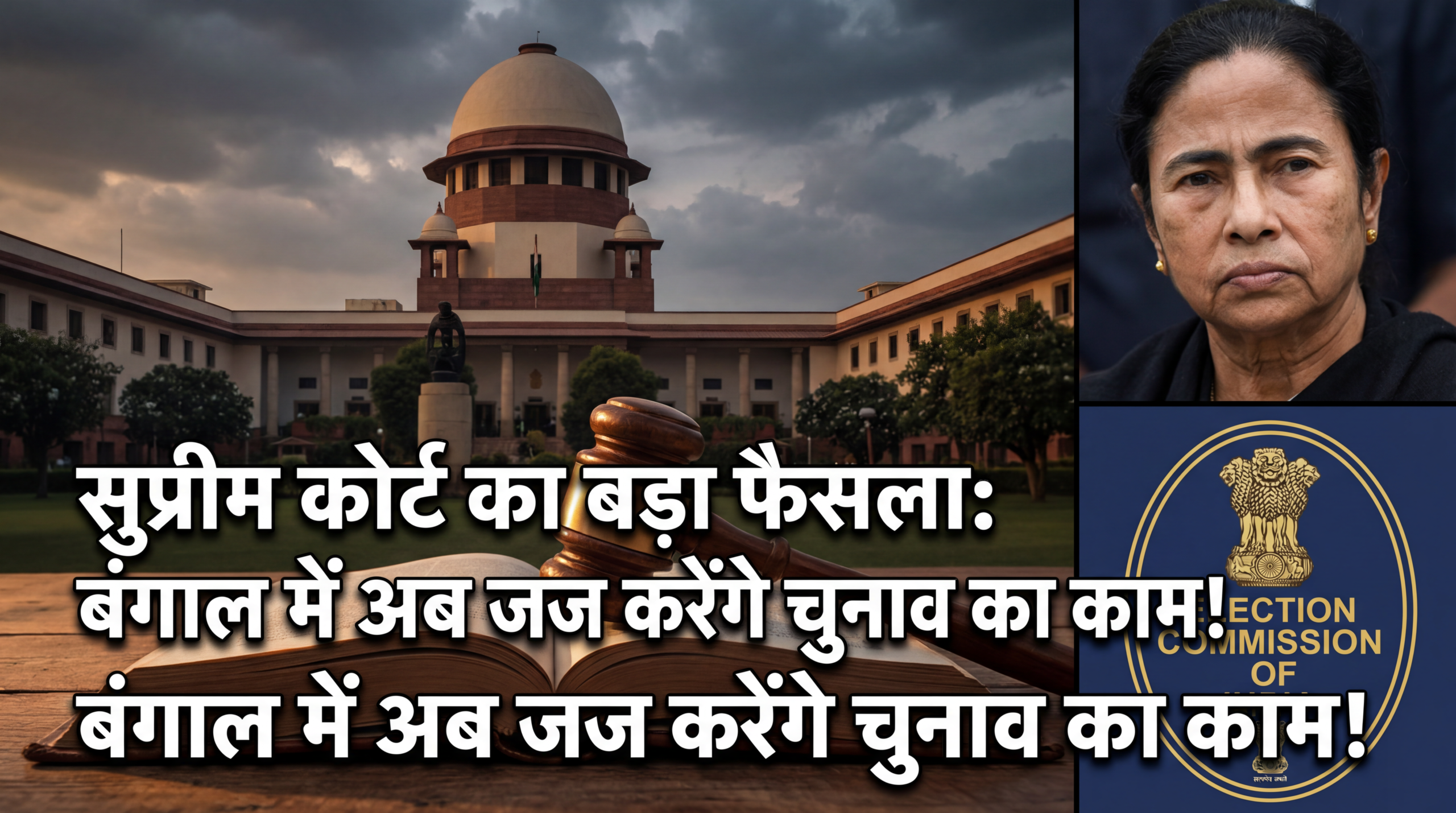 भारत के सुप्रीम कोर्ट की तस्वीर के साथ ममता बनर्जी और चुनाव आयोग का लोगो, जो बंगाल में मतदाता सूची संशोधन पर न्यायिक आदेश को दर्शाता है।
