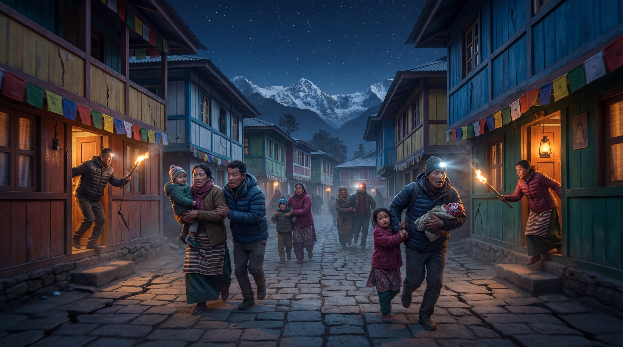 मुख्य शीर्षक (ऊपर बोल्ड, बड़े लाल/पीले टेक्स्ट में): "सिक्किम में आधी रात को भूकंप का आतंक!" सबटेक्स्ट (नीचे सफेद बोल्ड टेक्स्ट में): "घबराकर लोग घरों से भागे – 4.0 तीव्रता का झटका!"