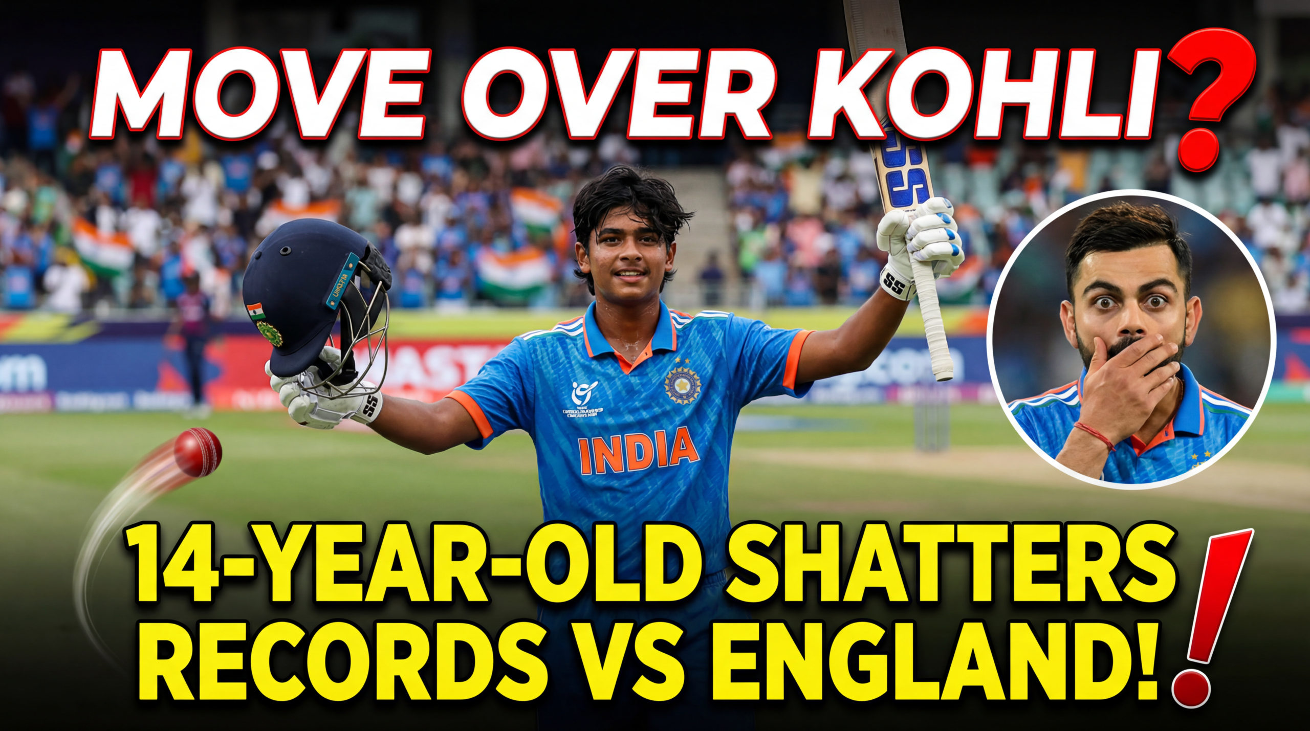 ATL टेक्स्ट (मेन हेडलाइन ओवरले): कोहली को हटाओ? मेटा कैप्शन (सबटाइटल ओवरले): इस 14 साल के लड़के ने इंग्लैंड के खिलाफ रिकॉर्ड तोड़ दिए – दुनिया हैरान है!