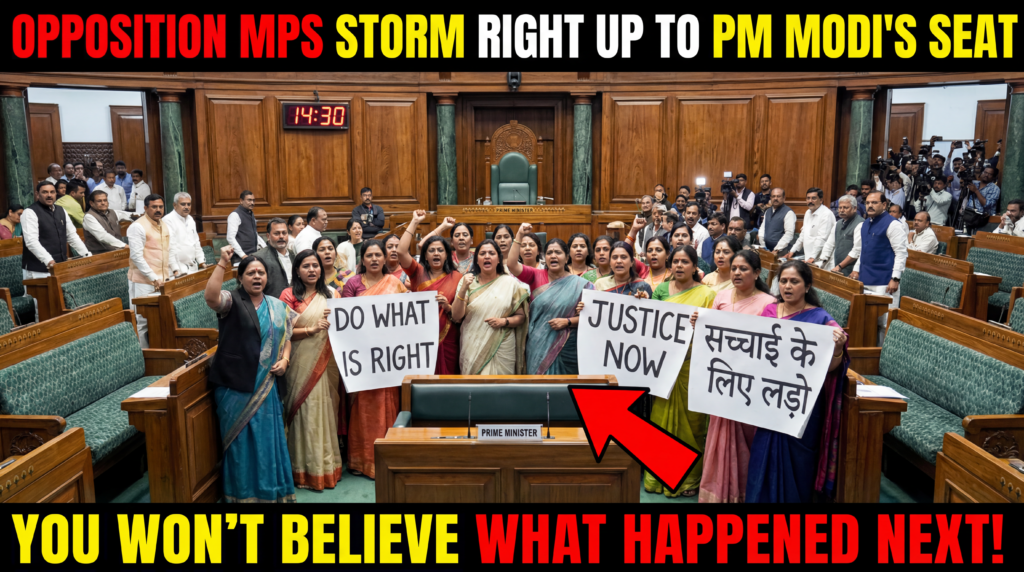 मुख्य शीर्षक (ऊपर, बड़े बोल्ड लाल/पीले):
विपक्षी सांसदों ने पीएम मोदी की सीट पर धावा बोला!
उप-शीर्षक (नीचे, छोटे बोल्ड सफेद लाल आउटलाइन के साथ):
आप विश्वास नहीं करेंगे कि लोकसभा में आगे क्या हुआ!