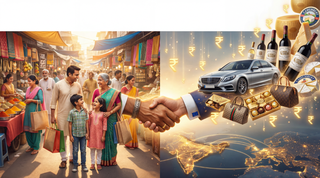 ऊपर की लाइन (बड़ी, बोल्ड सफ़ेद और पीली आउटलाइन): यूरोप भारत आ रहा है! नीचे की लाइन (लाल बोल्ड और विस्मयादिबोधक चिह्न): सस्ती कारें, वाइन और लग्ज़री आपका वॉलेट आपको धन्यवाद देगा!