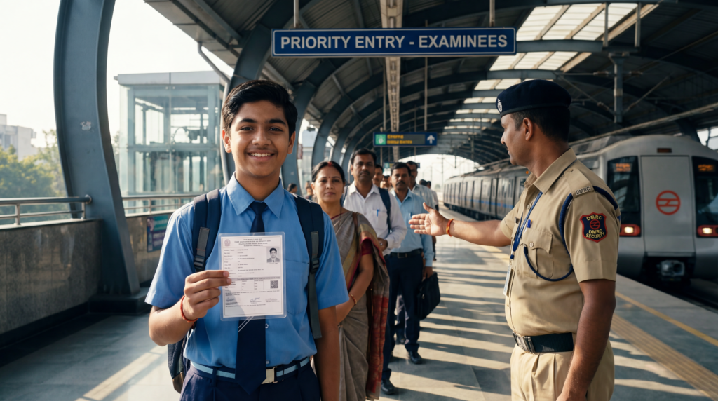 A student showing a CBSE admit card to Delhi Metro staff for priority entry at the security checkpoint.