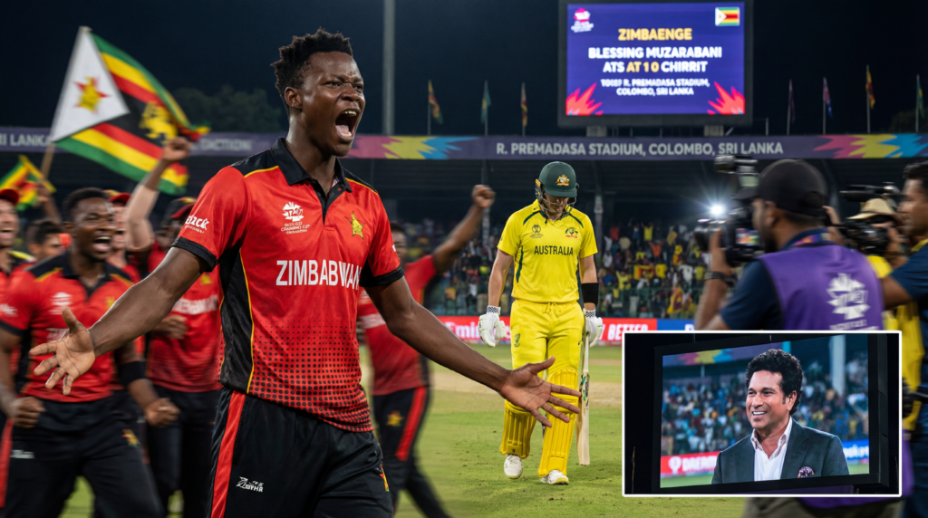 2026 टी20 विश्व कप में ऑस्ट्रेलिया को हराने के बाद मैदान पर जश्न मनाते जिम्बाब्वे के क्रिकेटर, पृष्ठभूमि में एक निराश ऑस्ट्रेलियाई खिलाड़ी के साथ।