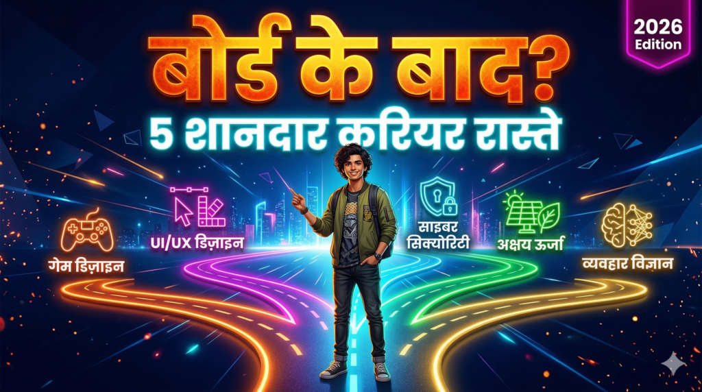 एक युवा छात्र 5 अलग-अलग करियर पाथ के सामने खड़ा है — Game Design, UI/UX, Cybersecurity, Renewable Energy और Behavioral Science — बोर्ड एग्जाम के बाद के विकल्पों को दिखाता हुआ Infographic Thumbnail