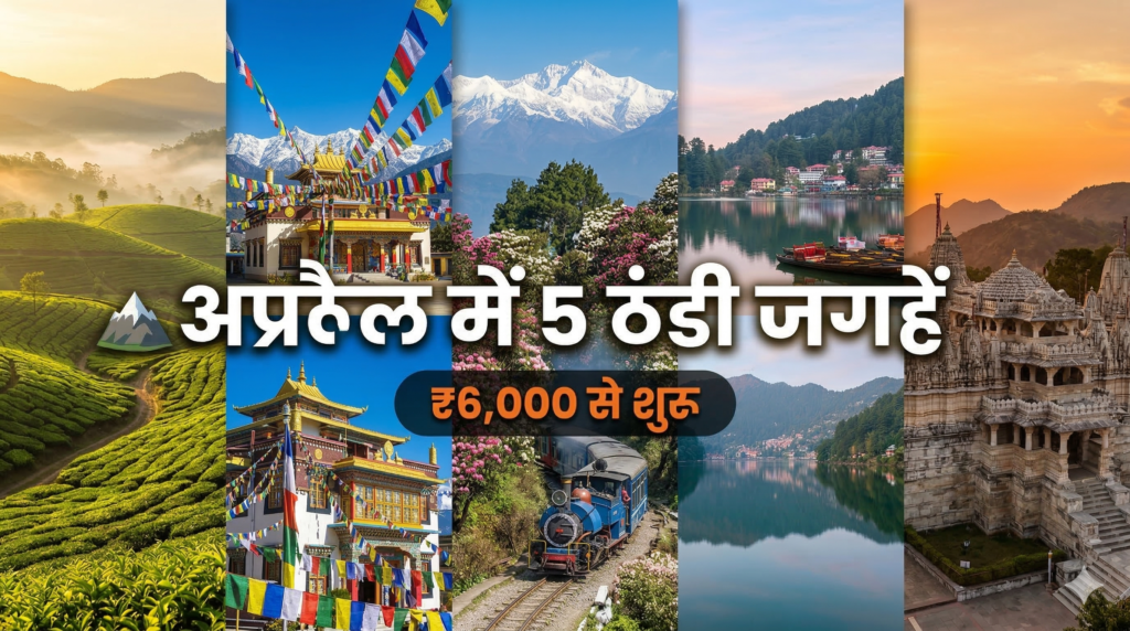 अप्रैल में भारत की 5 बजट-फ्रेंडली ठंडी जगहें — मुन्नार, मैकलोडगंज, दार्जिलिंग, नैनीताल और माउंट आबू का सुंदर कोलाज