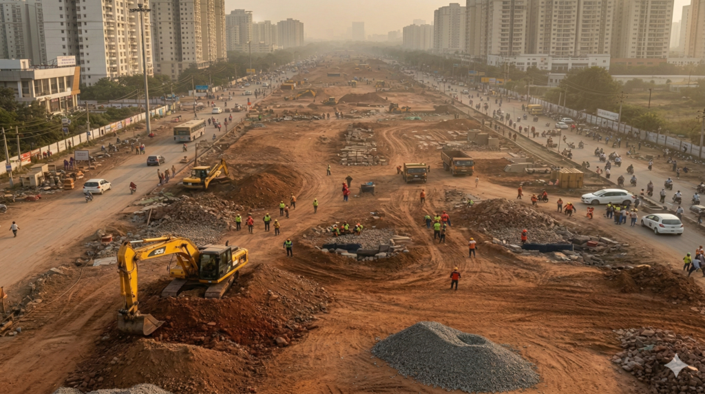 Greater Noida LG Chowk to Sector Beta-1 road widening project, new lane construction on both sides of 2 km stretch.