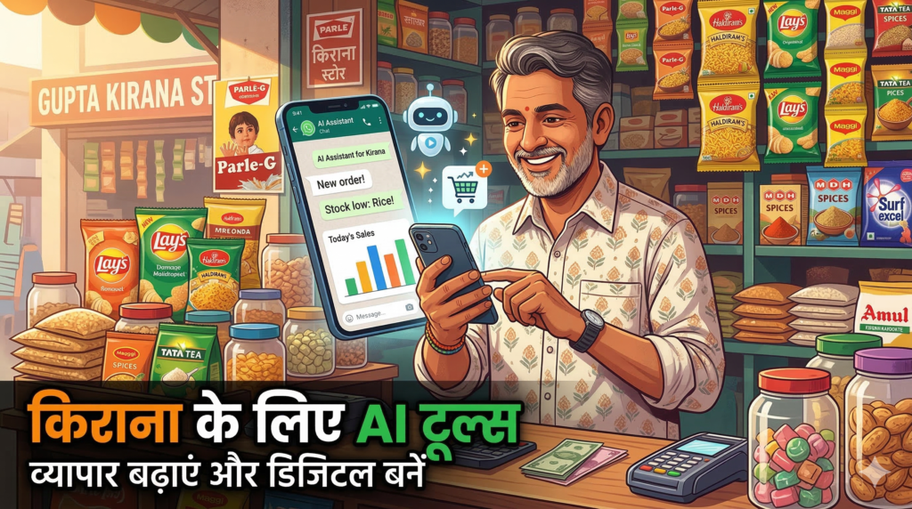एक किराना दुकानदार स्मार्टफोन पर AI टूल्स का उपयोग करते हुए — WhatsApp Business, Vyapar App और ChatGPT के आइकॉन के साथ