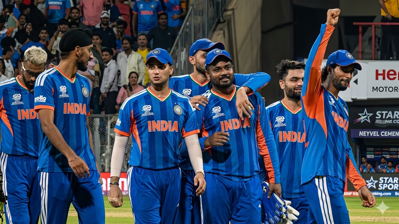 भारत और न्यूज़ीलैंड के क्रिकेट खिलाड़ी टी20 विश्व कप 2026 के फाइनल मैच में अहमदाबाद के नरेंद्र मोदी स्टेडियम में आमने-सामने।