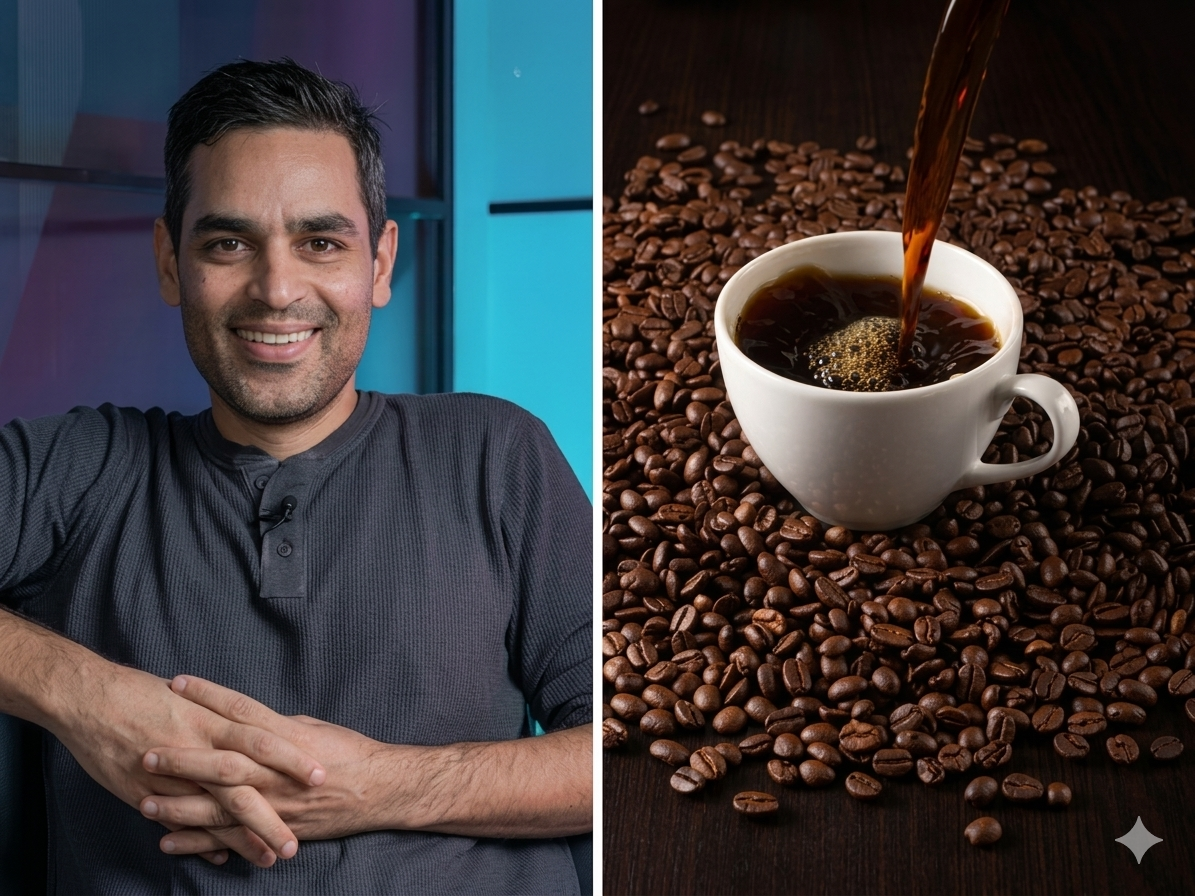 Ankur Warikoo holding a black coffee cup with bold Hindi text overlay reading "ब्लैक कॉफी थ्योरी" — motivational article thumbnail on mindset and clarity by Economic Times Panache