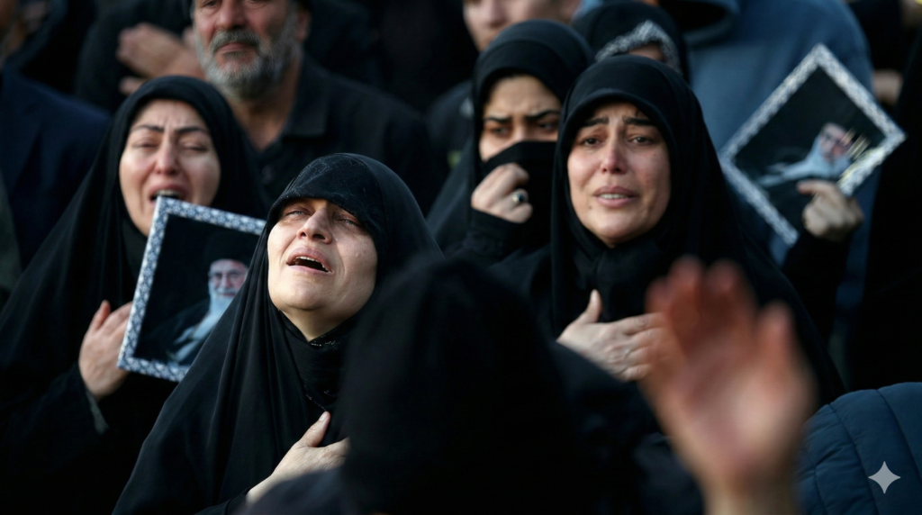 ईरान के सर्वोच्च नेता आयतुल्लाह अली ख़ामेनेई की तस्वीर के सामने तेहरान की सड़कों पर जमा भीड़, पृष्ठभूमि में ईरानी झंडा।