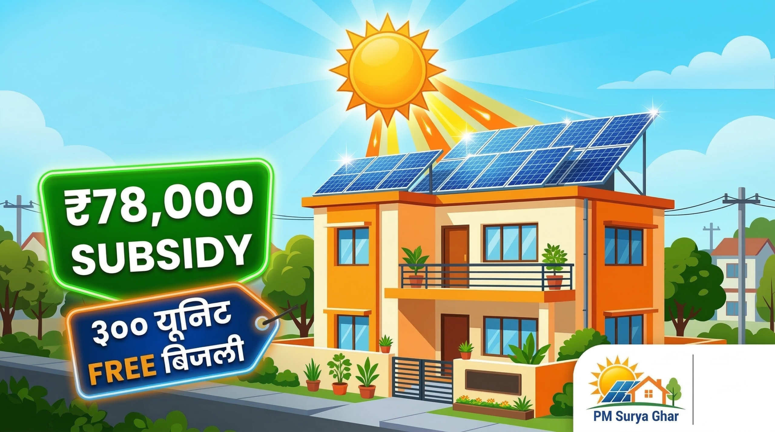 PM Surya Ghar Muft Bijli Yojana 2026 — solar panels on Indian rooftop home with ₹78,000 subsidy badge and government logo