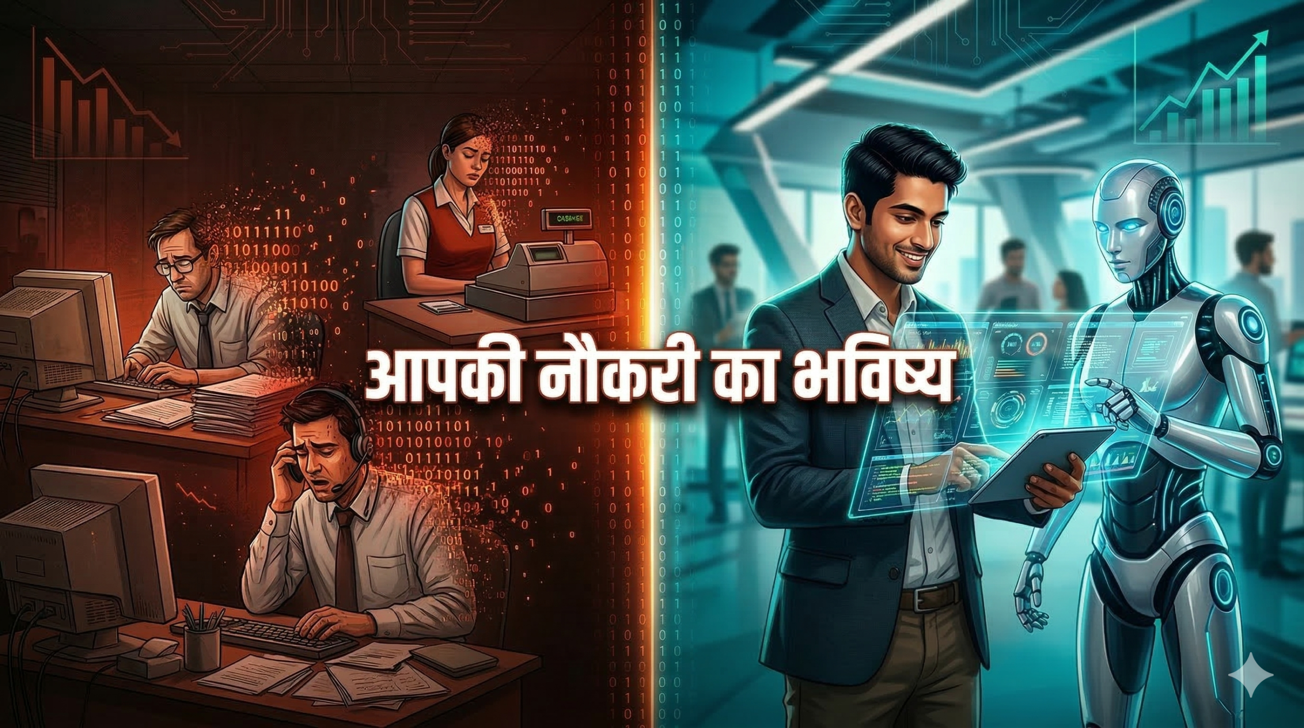 एक futuristic office में रोबोट और इंसान साथ काम कर रहे हैं — बाईं तरफ खतरे में पड़ी नौकरियों की लिस्ट, दाईं तरफ उभरती हुई AI jobs, बीच में बड़े अक्षरों में लिखा है "आपकी नौकरी का भविष्य"