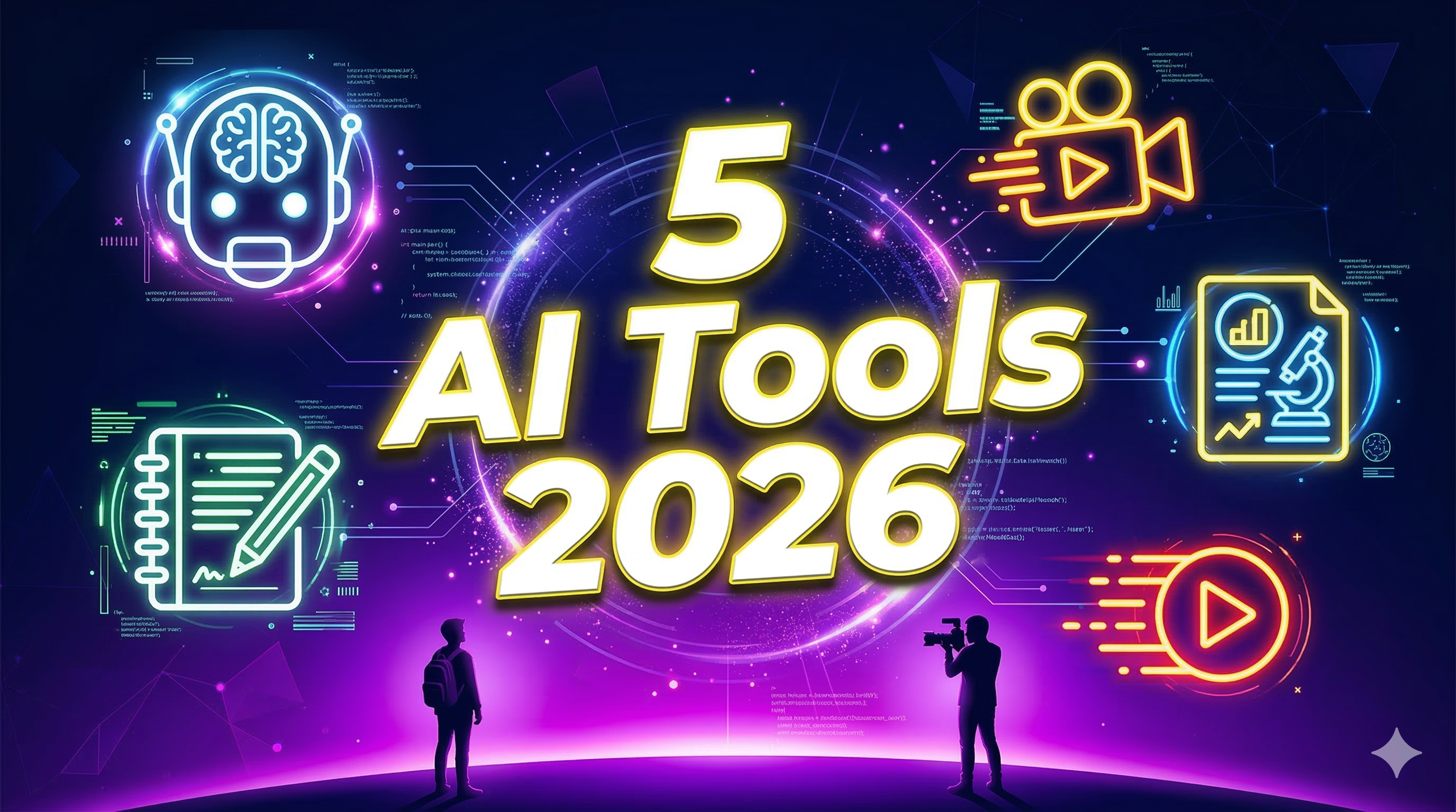 2026 के 5 बेहतरीन AI Tools — Students और Creators के लिए ChatGPT, NotebookLM, Seedance, Runway ML और Prism का collage, नीले और बैंगनी gradient background पर