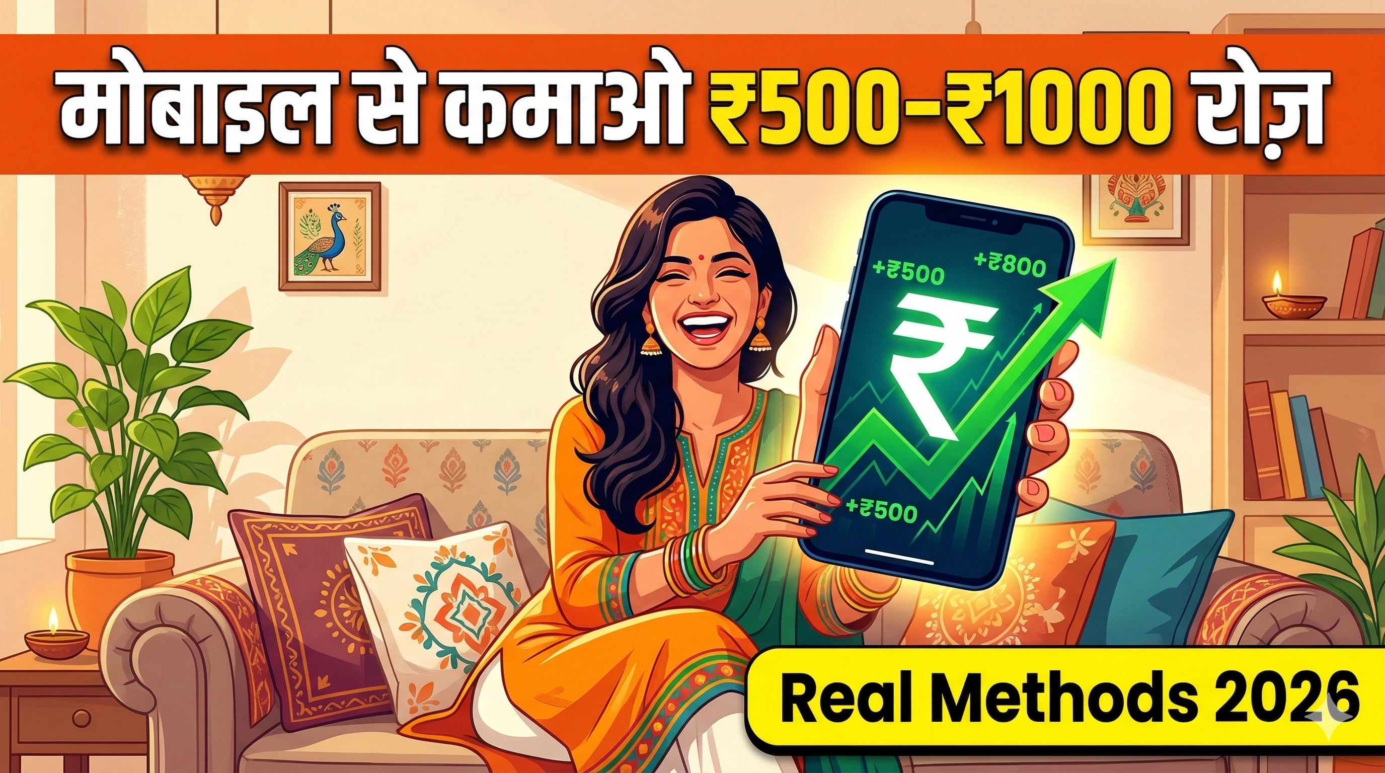 A young Indian person smiling while using smartphone at home, 
earning money online — text overlay reads 
"मोबाइल से ₹500–₹1000 रोज़ कमाएं | Real Methods 2026"