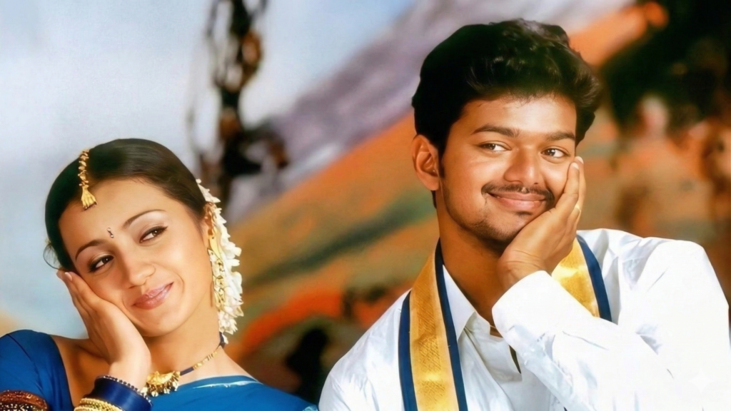 विजय और त्रिशा की फिल्म घिल्ली (2004) का 20वीं वर्षगांठ पोस्टर, जिसमें एक्शन और रोमांस का संगम दिखाया गया है।