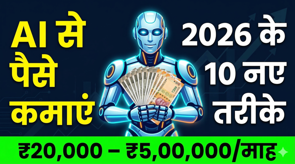 2026 में AI से पैसे कमाने के 10 तरीके दिखाता एक informative thumbnail — जिसमें robot icon, Indian rupee symbol, और income charts हैं, article title के साथ: "AI से पैसे कैसे कमाएं?"