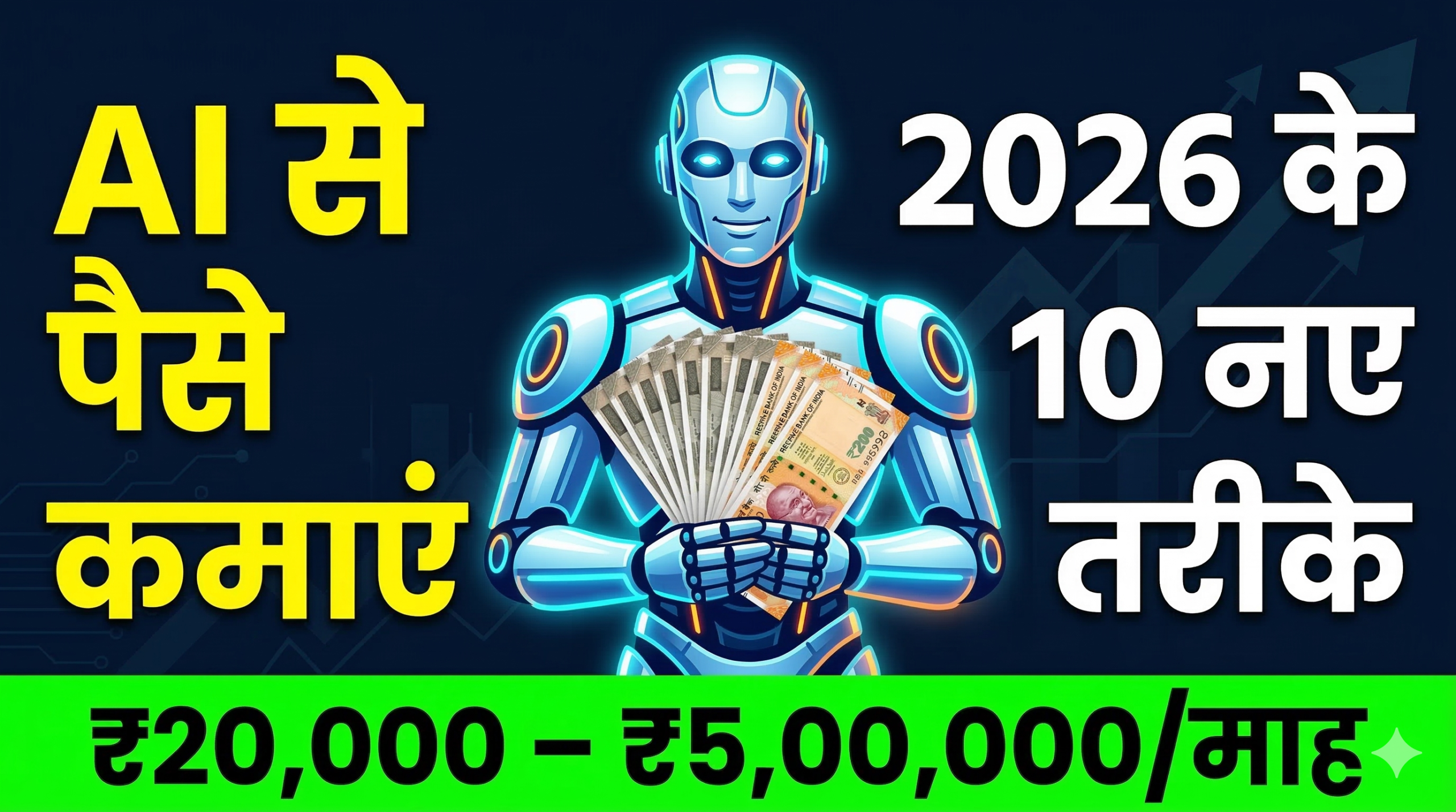 2026 में AI से पैसे कमाने के 10 तरीके दिखाता एक informative thumbnail — जिसमें robot icon, Indian rupee symbol, और income charts हैं, article title के साथ: "AI से पैसे कैसे कमाएं?"