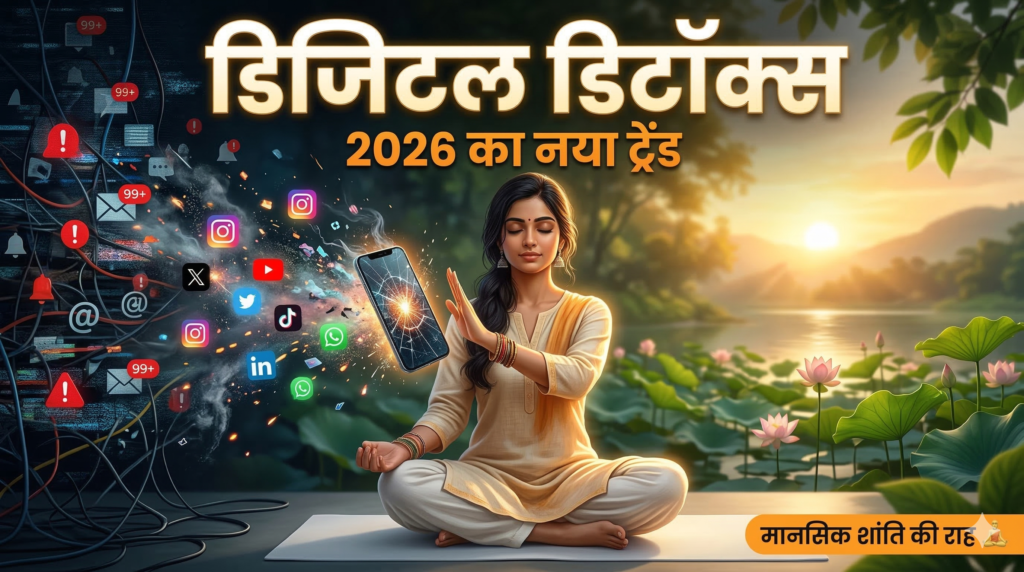 एक शांत ध्यान मुद्रा में बैठा व्यक्ति जिसके सामने टूटा हुआ स्मार्टफोन है, हरे-भरे प्रकृति की पृष्ठभूमि में — डिजिटल डिटॉक्स 2026, सोशल मीडिया थकान से मुक्ति और मानसिक शांति।