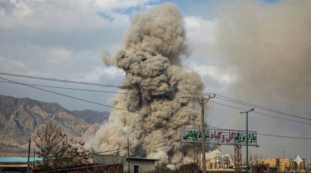 बेरूत में इज़रायली हवाई हमले के बाद जलती हुई इमारत, पृष्ठभूमि में धुएँ का गुबार — ईरान-अमेरिका युद्ध 2026