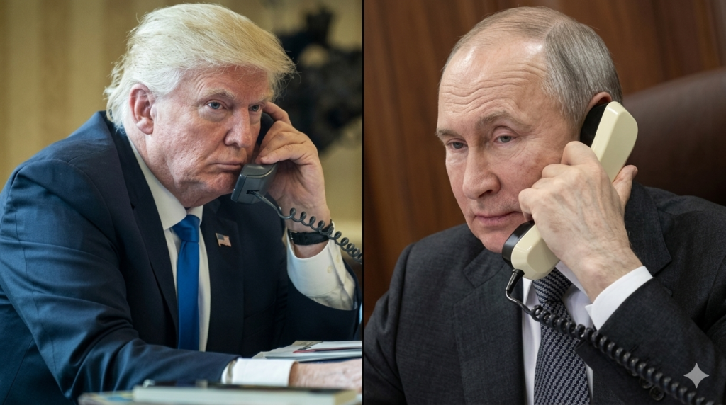 डोनाल्ड ट्रंप और व्लादिमीर पुतिन की फाइल फोटो, पृष्ठभूमि में मिडिल ईस्ट का नक्शा, रूस-ईरान-अमेरिका तनाव को दर्शाती तस्वीर