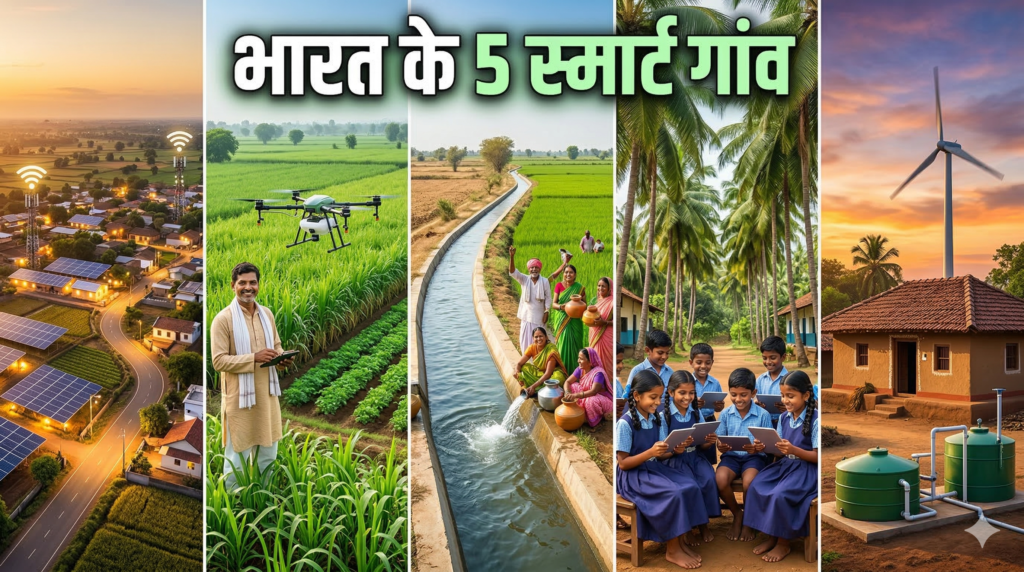 भारत के 5 स्मार्ट गांव — पुंसारी, सतनावरी, हिवरे बाजार, पोथनीकड और रालेगण सिद्धि को दर्शाता एक विजुअल कोलाज, जिसमें खेत, डिजिटल स्क्रीन और आधुनिक ग्राम पंचायत शामिल हैं।