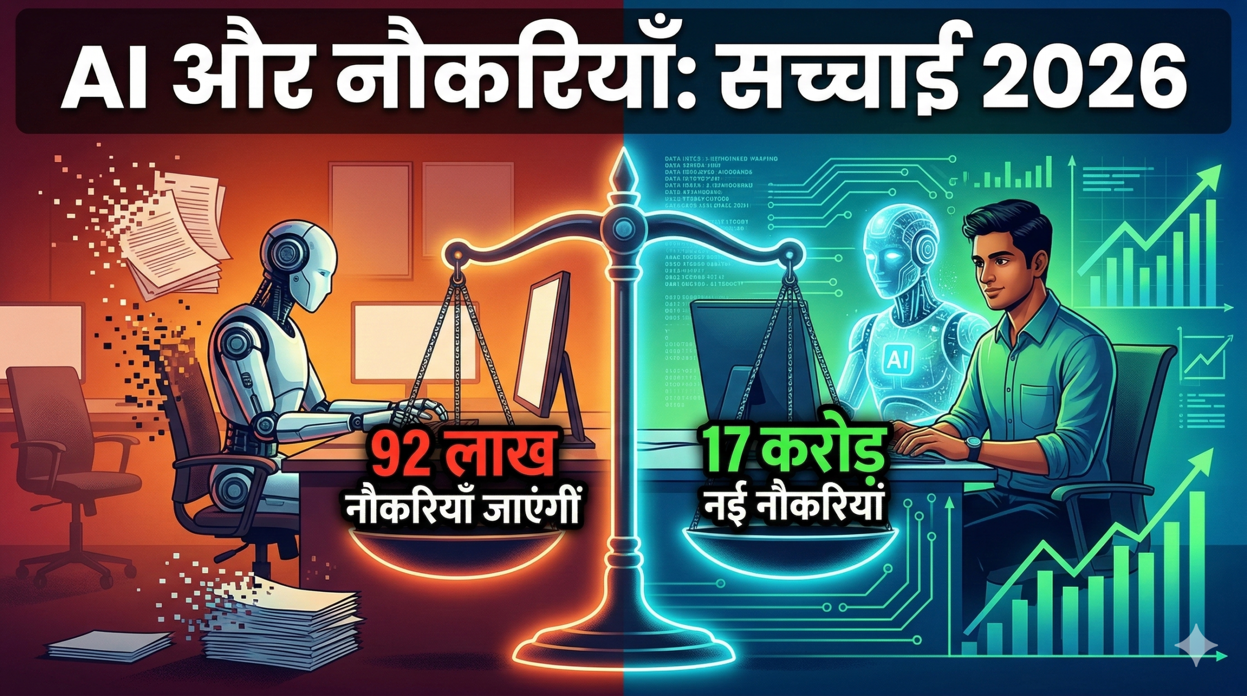 एक डिजिटल स्केल पर बाईं तरफ रोबोट और दाईं तरफ इंसान — दोनों के बीच नौकरियों की होड़ को दर्शाता इन्फोग्राफिक, शीर्षक: "AI और नौकरियाँ 2026