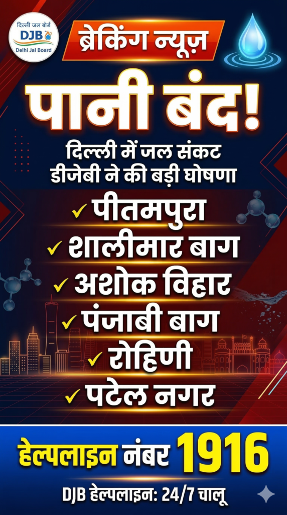 दिल्ली जल बोर्ड का नोटिस — पानी बंद इलाकों की सूची और हेल्पलाइन नंबर के साथ अलर्ट ग्राफिक