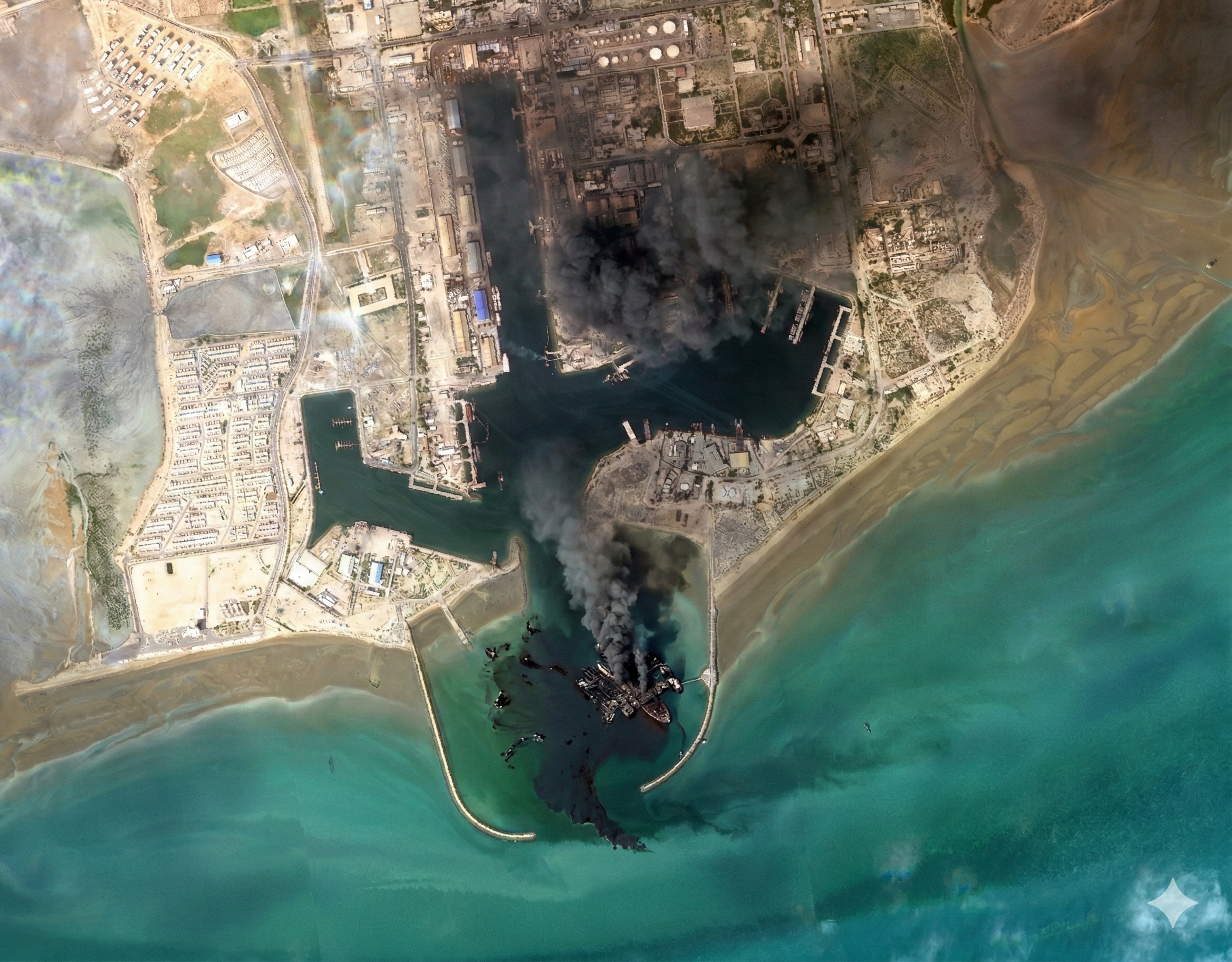 Satellite image showing fires at Bandar Abbas naval base, Iran, with damaged warship visible in port, March 2026.
