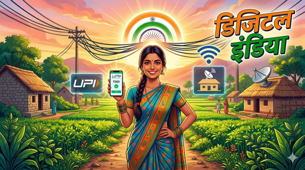 A rural Indian woman using a smartphone at a Common Service Centre in a village, with optical fibre cables visible in the background and a bright "Digital India" banner — representing technology reaching grassroots India.