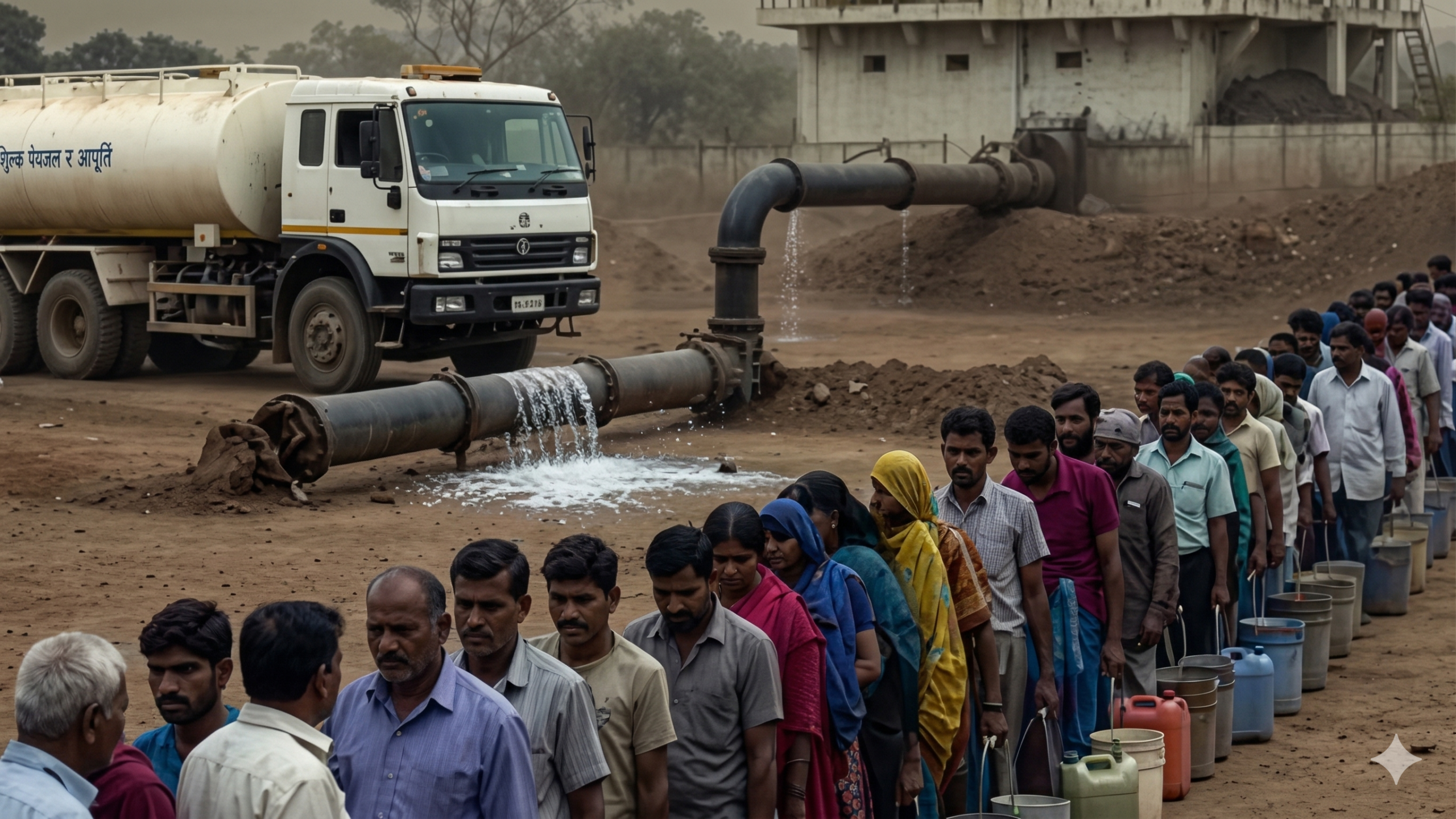 दिल्ली के चंद्रावल वाटर ट्रीटमेंट प्लांट में खराब पाइपलाइन के कारण पानी की टंकी खाली और नल सूखे।