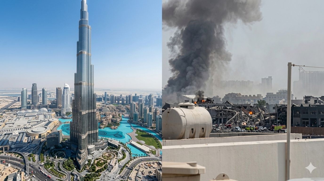 बुर्ज खलीफा के पास उठता काला धुआँ, ईरानी ड्रोन हमले के बाद दुबई में दहशत — इज़राइल-ईरान संघर्ष 2026