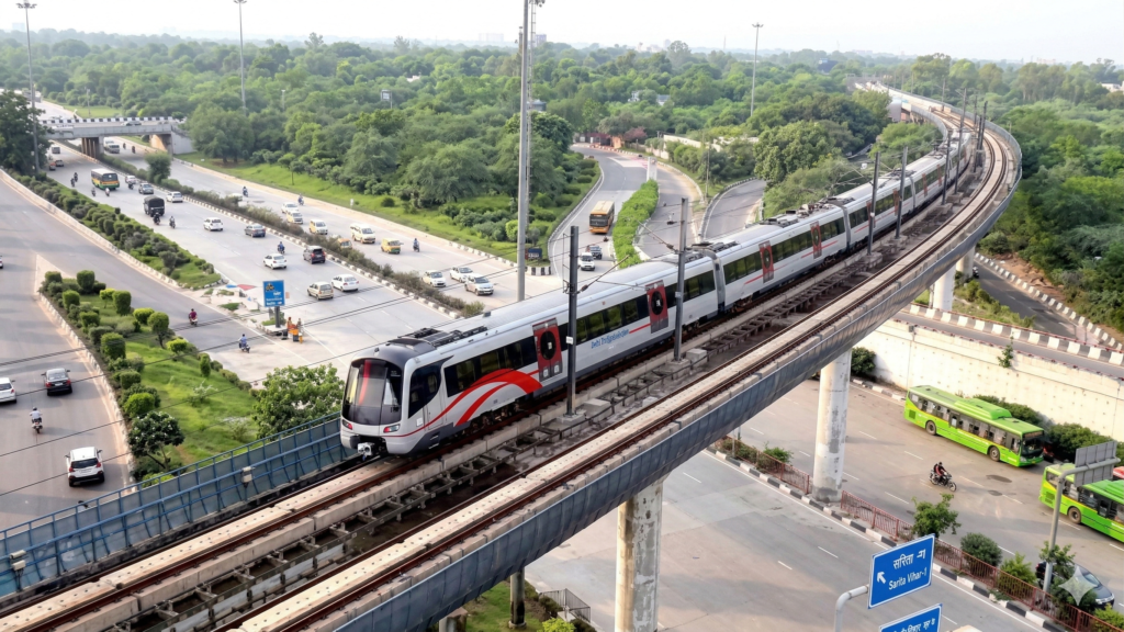 प्रधानमंत्री नरेंद्र मोदी दिल्ली मेट्रो के नए पिंक लाइन और मैजेंटा लाइन कॉरिडोर का उद्घाटन करते हुए, पृष्ठभूमि में डबल-डेकर वायडक्ट और उत्तर-पूर्वी दिल्ली का मेट्रो स्टेशन दृश्य।