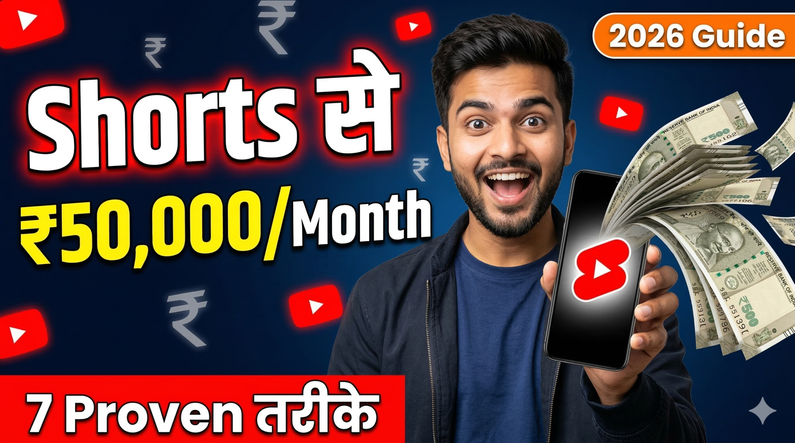 YouTube Shorts se paise kaise kamaye 2026 - Hindi guide showing Indian creator earning money from smartphone with YouTube Shorts logo, rupee symbol, and monetization tips infographic
