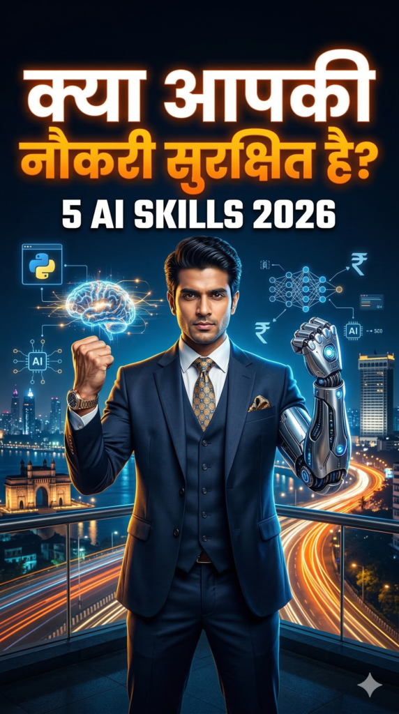 2026 में AI और भारतीय नौकरी बाज़ार — एक इन्फोग्राफिक जिसमें रोबोटिक हाथ और इंसानी हाथ मिलाते हैं, साथ में 5 ज़रूरी स्किल्स की सूची और भारत का नक्शा दिखाया गया है।