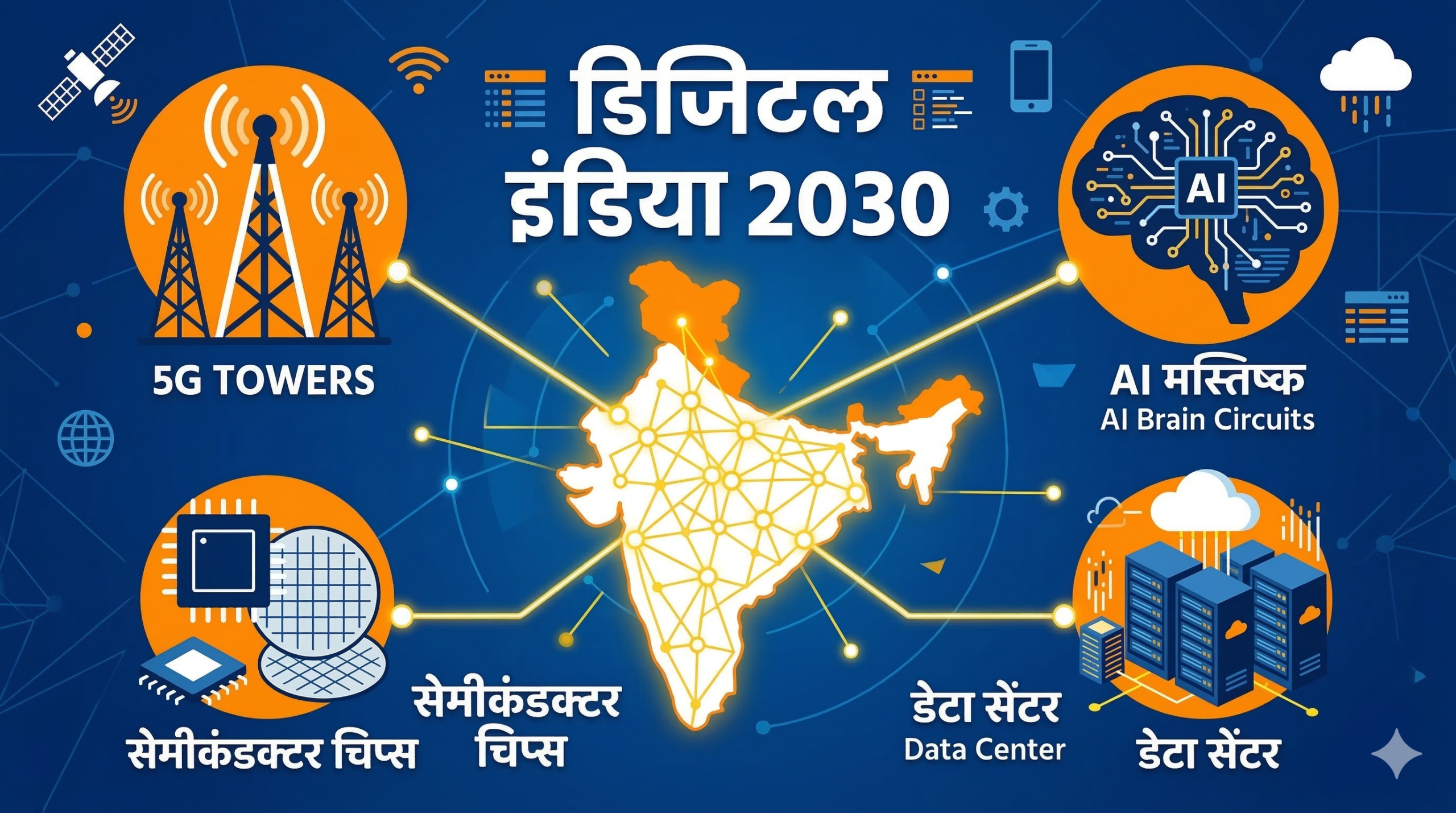 डिजिटल इंडिया के अगले 5 साल का इन्फोग्राफिक — AI मिशन, 5G नेटवर्क, सेमीकंडक्टर फैब और डेटा सेंटर ग्रोथ दर्शाते हुए भारत का 2030 विज़न।