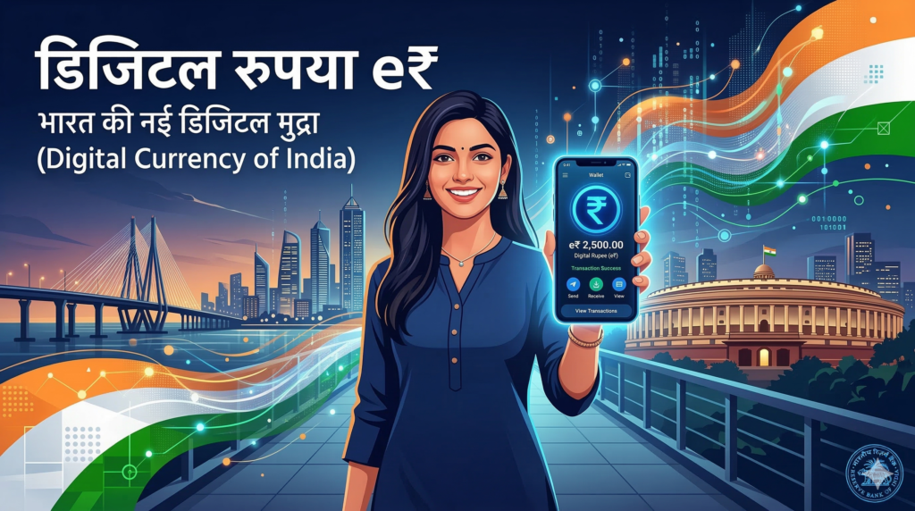 डिजिटल रुपया e₹ — RBI द्वारा जारी भारत की केंद्रीय बैंक डिजिटल मुद्रा (CBDC), स्मार्टफोन वॉलेट पर UPI QR कोड स्कैन करते हुए