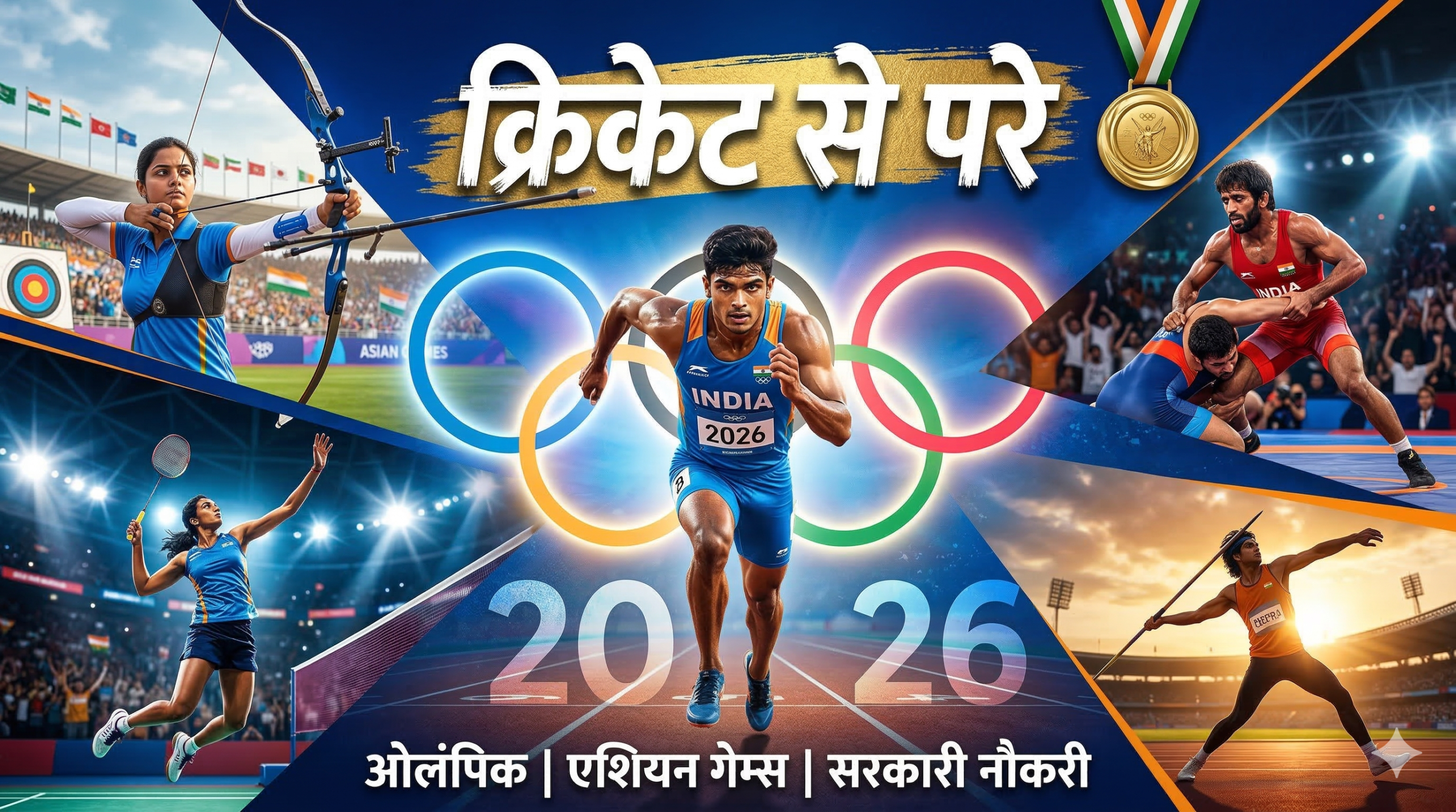 भारतीय खिलाड़ी ओलंपिक और एशियन गेम्स 2026 में तीरंदाज़ी, बैडमिंटन, कुश्ती और एथलेटिक्स में स्वर्ण पदक जीतते हुए — क्रिकेट से परे खेल करियर गाइड हिंदी में
