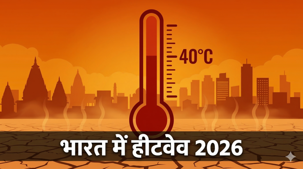 A scorching thermometer over an Indian city skyline with a heatwave warning overlay, showing 40°C temperature in March 2026.