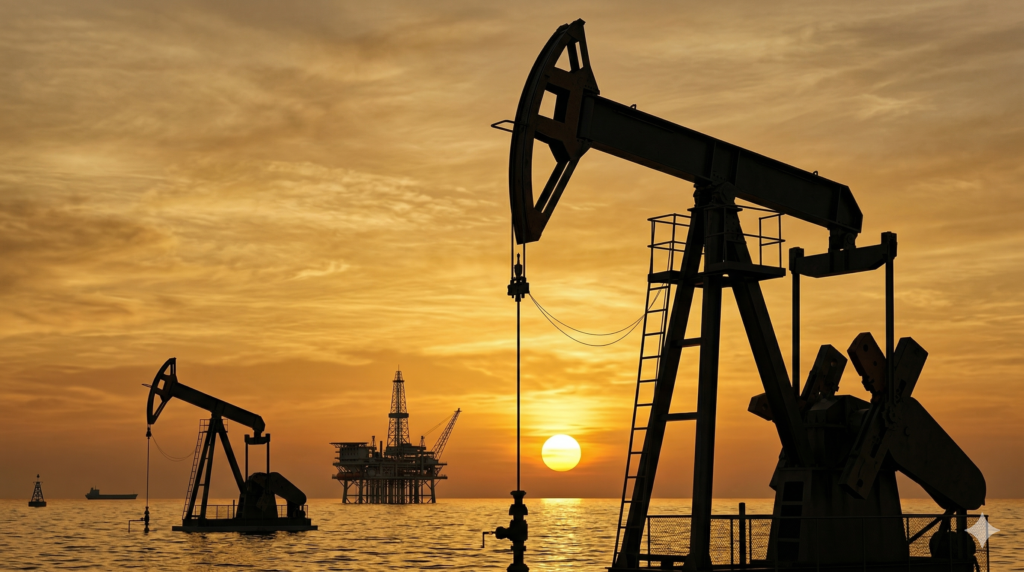 भारत के प्रमुख कच्चे तेल उत्पादक राज्यों का नक्शा — राजस्थान, गुजरात, असम और मुंबई हाई ऑफशोर क्षेत्र के साथ