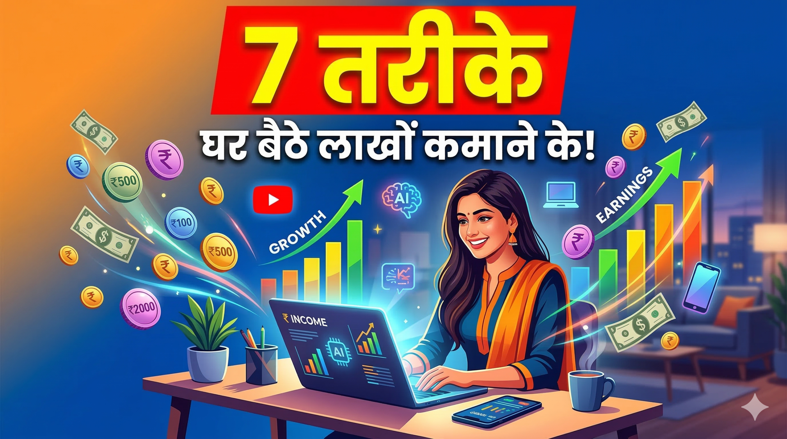 भारत में 2026 में ऑनलाइन पैसे कमाने के 7 तरीके — laptop पर काम करता युवक, AI tools और earning graphs दिखाते हुए इन्फोग्राफिक