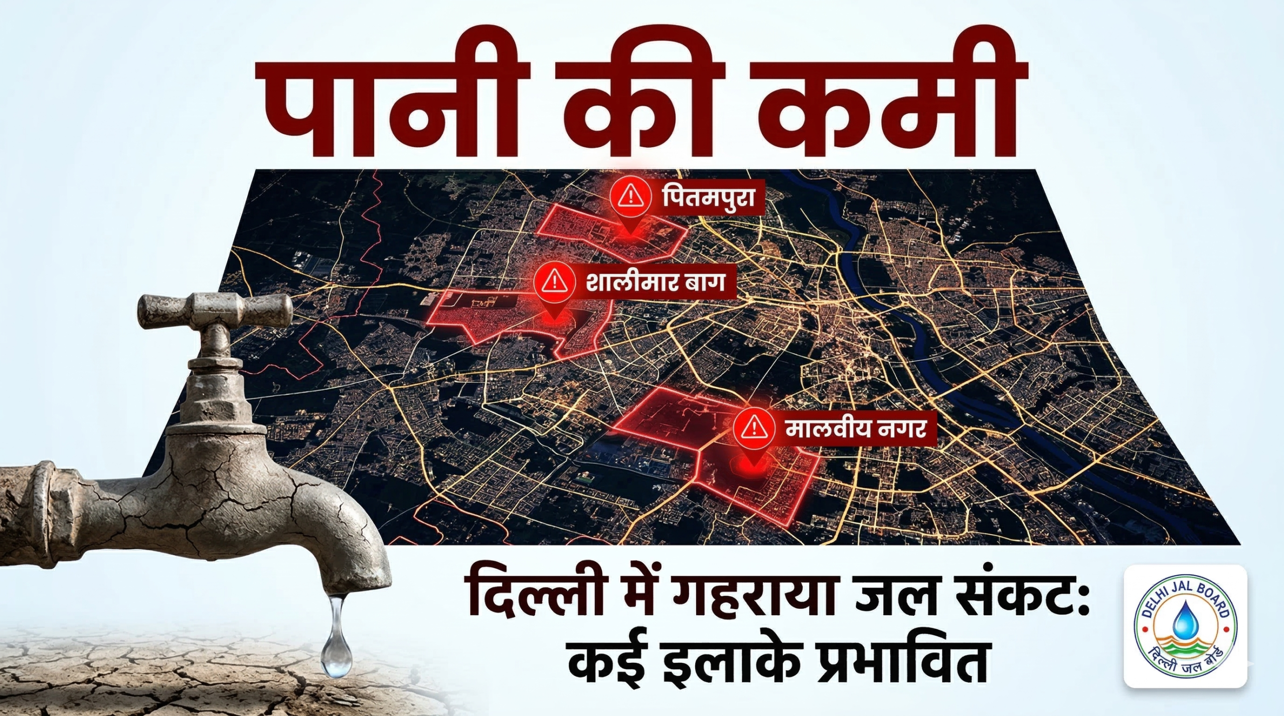 दिल्ली के नक्शे पर लाल निशान के साथ पानी की टंकी और DJB लोगो — प्रभावित इलाकों की सूची